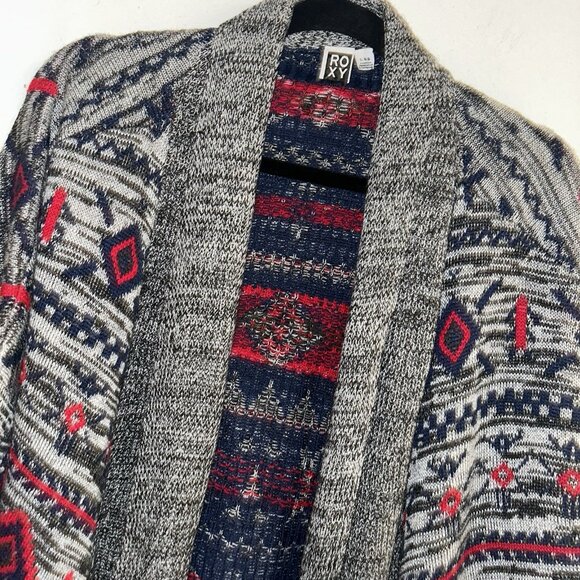 Roxy Grey/Red/Blue Aztec Print Knit Open Draped Holiday Cardigan Sweater Large - Picture 3 of 6